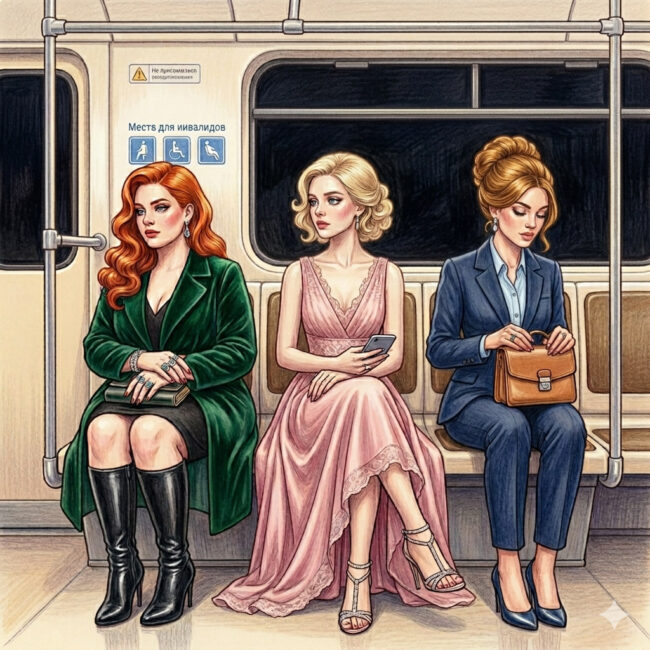 Три красивые женщины разной комплекции сидят в вагоне метро и размышляют о комплексах по поводу тела